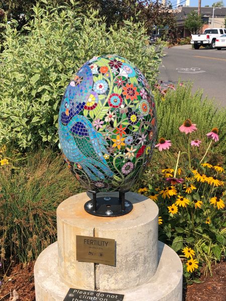 Colorful egg shaped outdoor sculpture